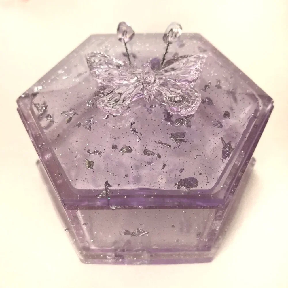 RESIN Trinket box with lid butterfly with lilac amethyst crystals antennas